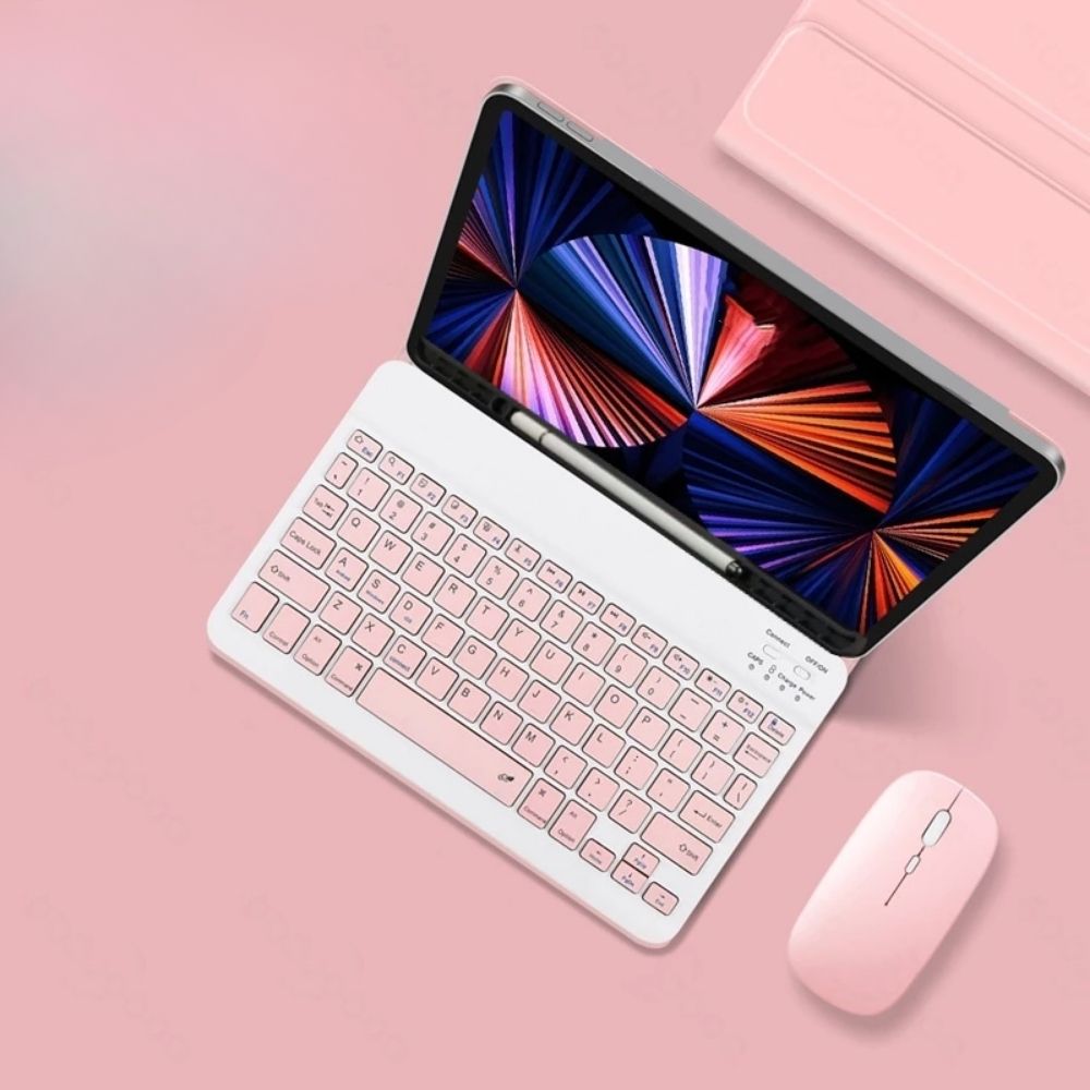 TMG5-15.jpg Pink Built-in Pen Slot Leather Case Bluetooth Keyboard & Mouse - Image 1