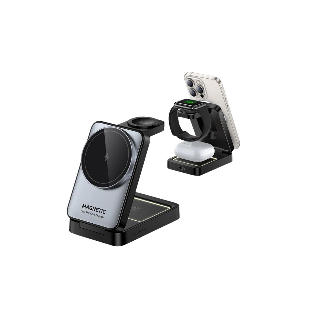 TMG5-44.jpg Black 3 In 1 15W Foldable Magnetic Wireless Desktop Charger Holder - Image 1